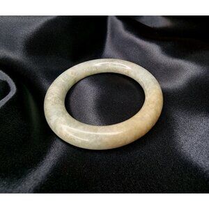 Genuine Natural Jade Bangle Bracelet Light Green/Beige Polished Stone Jewelry